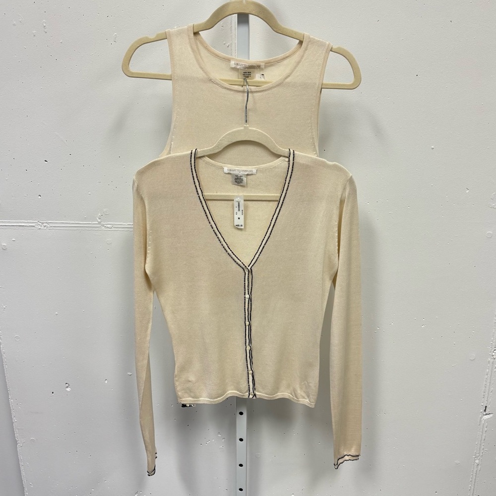 NWT Collette Dinnigan Silk Savannah Knit Tank Cardigan‎ Set Cream Medium